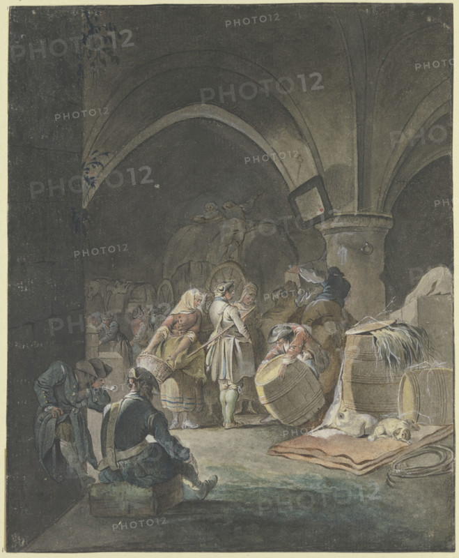 Soldiers and sutlers in a vaulted room with barrels and crates, 18th century. Creator: Gottlieb Welte.