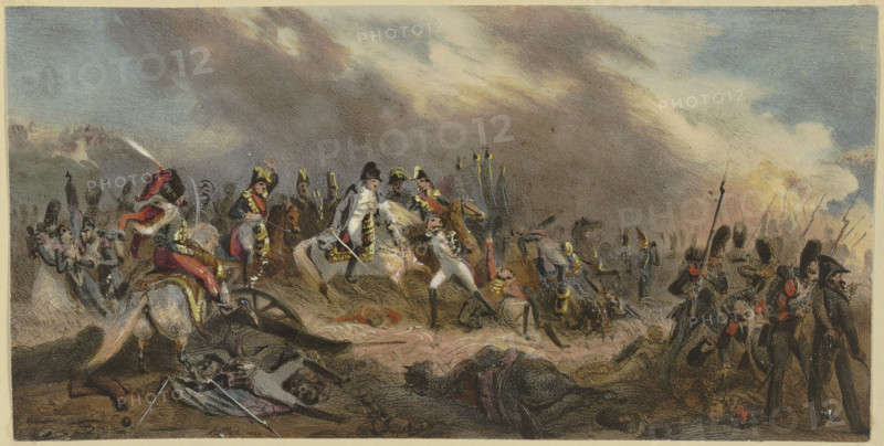 Napoleon with his Riding a horse across a battlefield, 1829. Creator: Unknown.