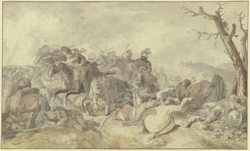 Cavalry charge against infantry, a dying drummer on the right, late 18th century. Creator: Georg Friedrich Hoch.