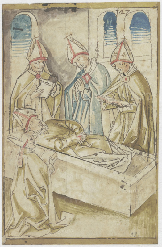 Four clergymen praying around a coffin (The Death of Saint Ulrich), 15th century. Creator: German, 15th century;.