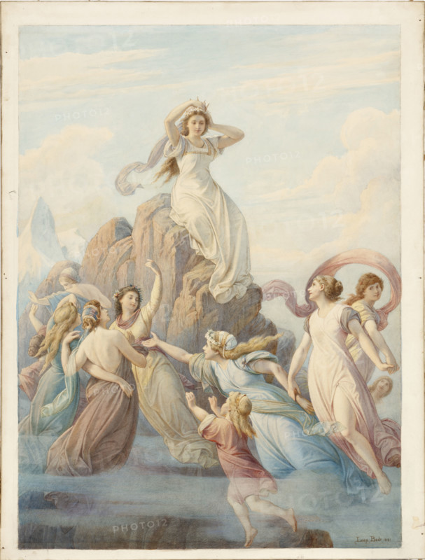 Female figures around a rock, Schiller's "Berglied", 1881.  Creator: Leopold Bode.