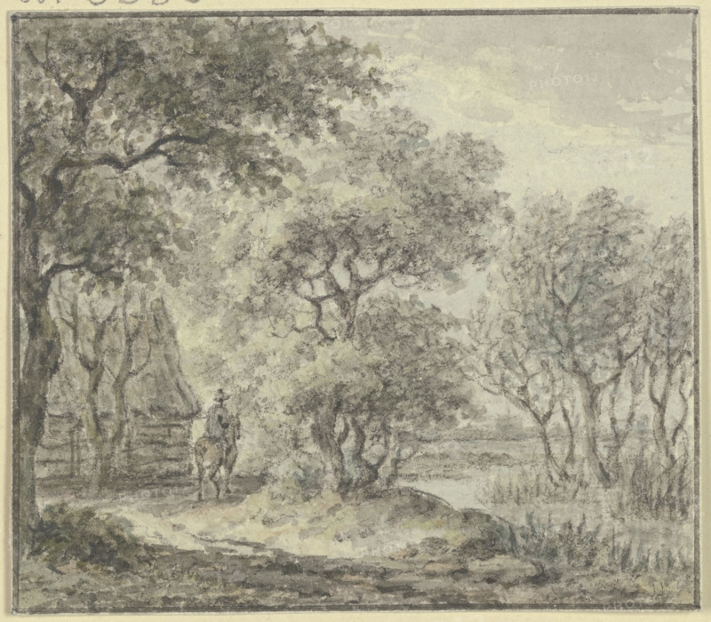 Woodland scene with water and a house, including a rider, 18th century. Creator: Jan Evert Grave.