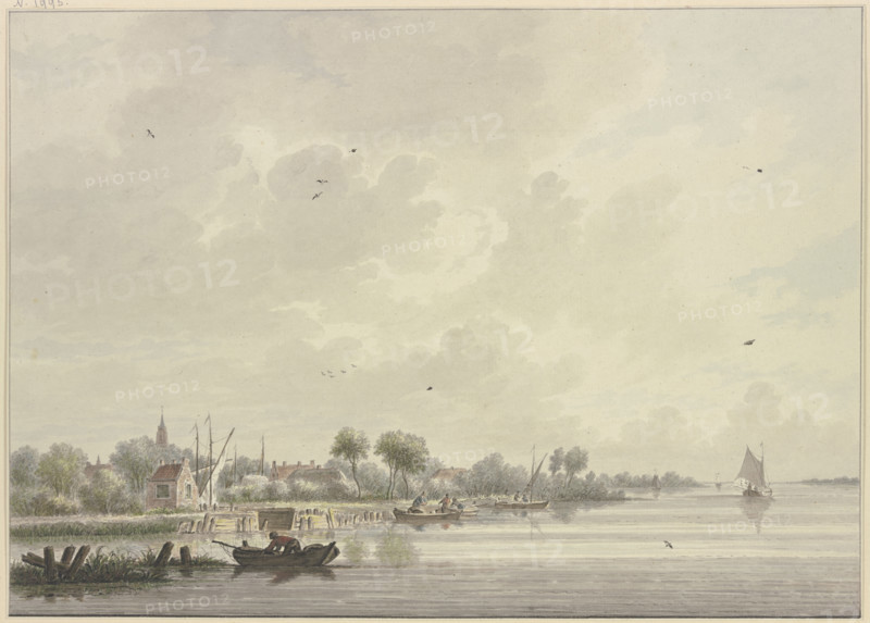 Dutch village on a wide river bustling with several boats, a bird flies on the water...18th century. Creator: Nicolaas Wicart.
