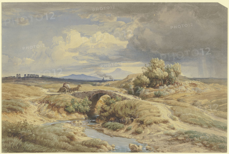 Italian countryside with aqueducts on the left, 1853. Creator: Eduard Wilhelm Pose.