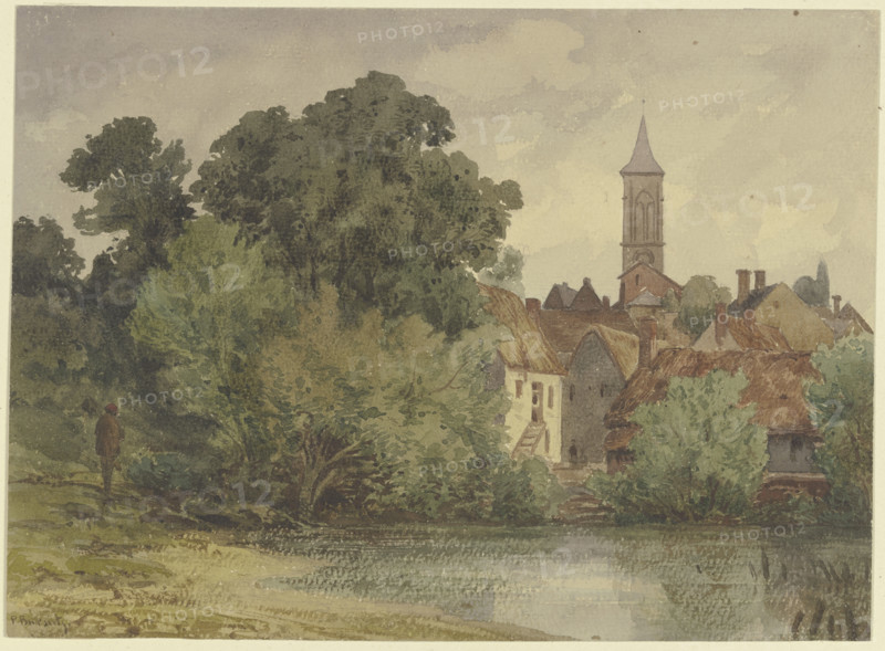 Pond, behind it the houses of a village with a church steeple, 19th century. Creator: Karl Peter Burnitz.
