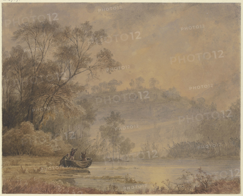 Forest lake, from whose shore a boat with three men is departing, 19th century. Creator: Johann Wilhelm Schirmer.