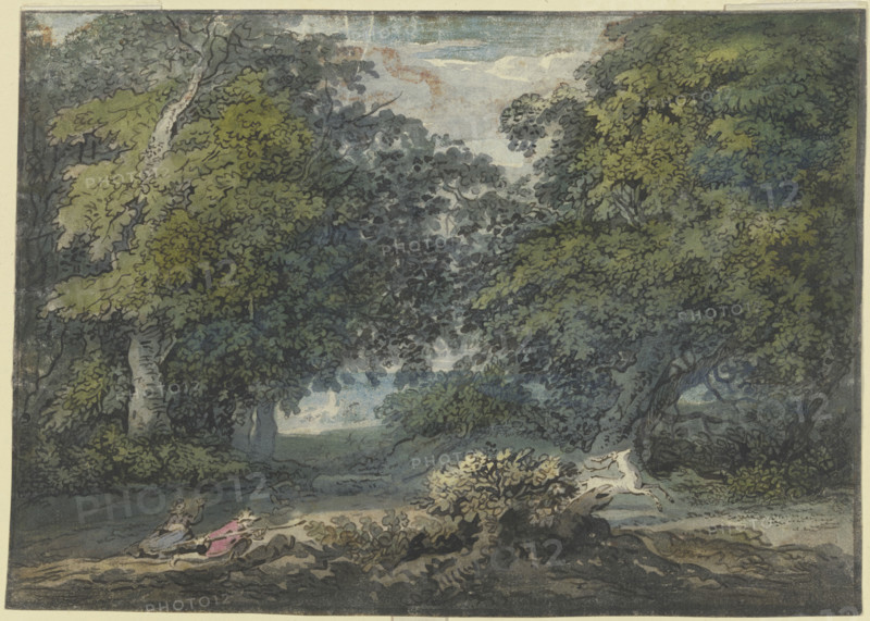 Wooded landscape, a man is hunting a white stag, a woman is sitting with him. Woman, 18th century. Creator: Jacobus van Liender.
