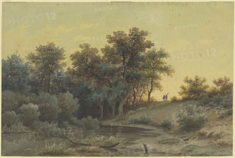 Forest edge with a river in the evening light, 19th century. Creator: Jakob Maurer.