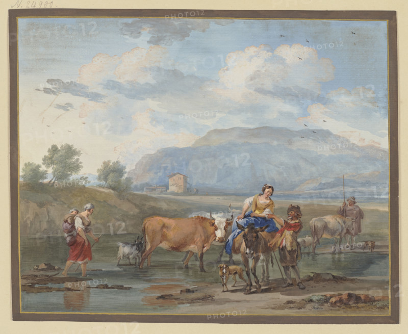Shepherds drive cows through water, a woman carries her child on her back on...18th cent. Creator: Aert Schouman.