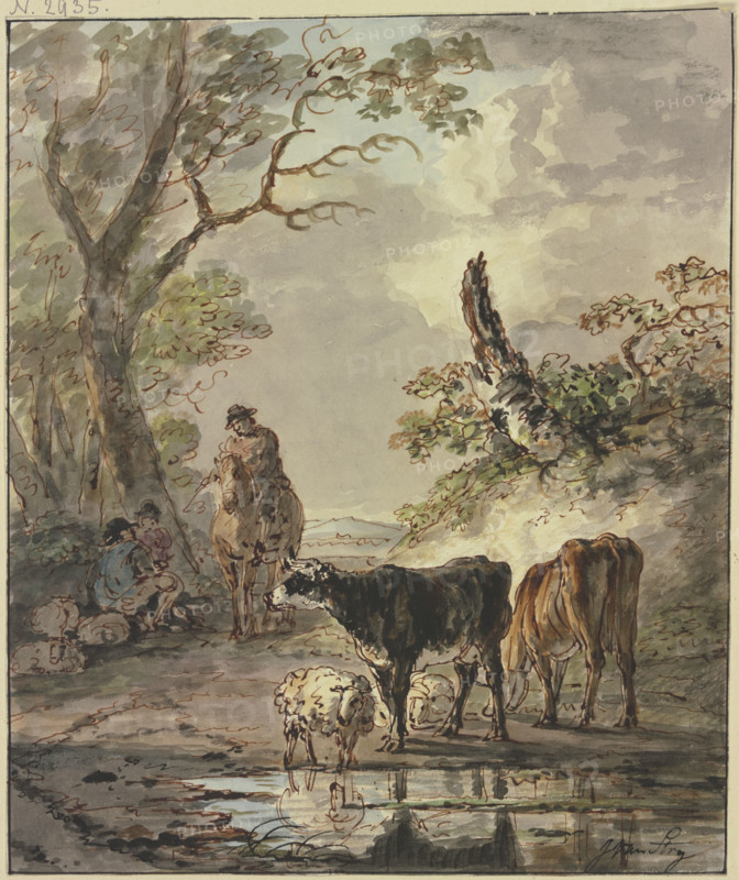 Shepherds resting at a watering place, 18th century. Creator: Jacob van Strij.