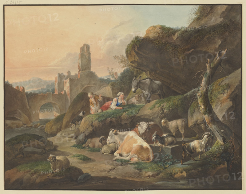 Shepherds on rocks, a shepherdess lies in front of a donkey, cows, sheep, and goats..., 1803. Creator: Johann Friedrich Morgenstern.