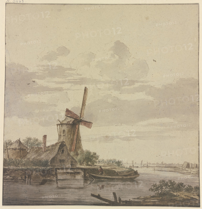 Small river flowing into the sea, a windmill on the left, 18th century. Creator: Hendrik Kobell.