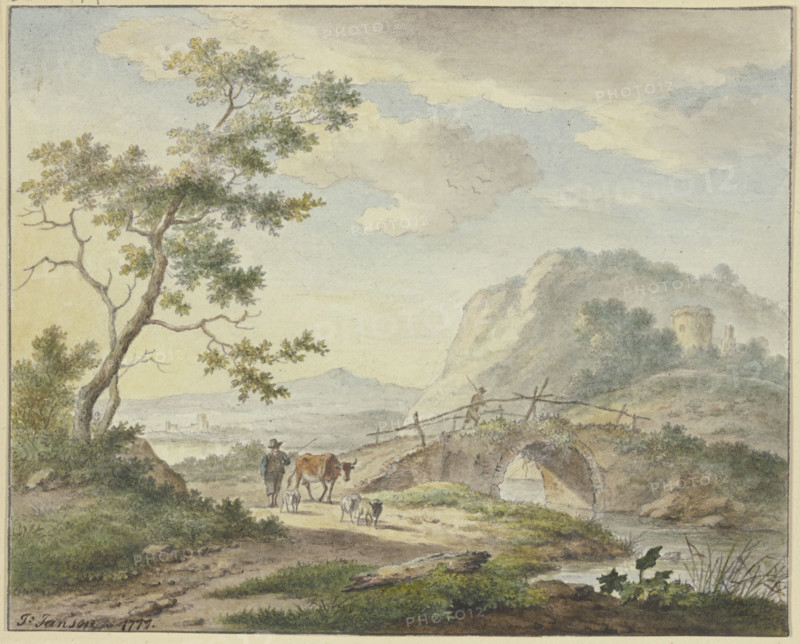 A man walks across a stone bridge; on the path is a farmer with a cow and sheep, 1777. Creator: Johannes Christiaan Janson.