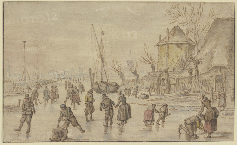 Winter landscape, on the ice many skaters, on the right a man is putting skates..., 17th century. Creator: Hendrick Avercamp.