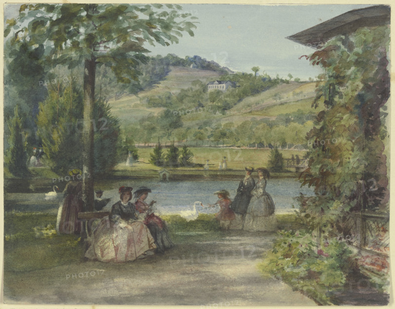 Park landscape with a pond and swans, c1850. Creator: Karl von Muller.