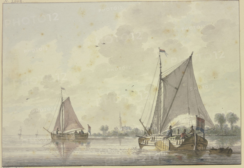 Two ships sailing on a very wide river, a church on the bank among the trees, 18th century. Creator: Nicolaas Wicart.