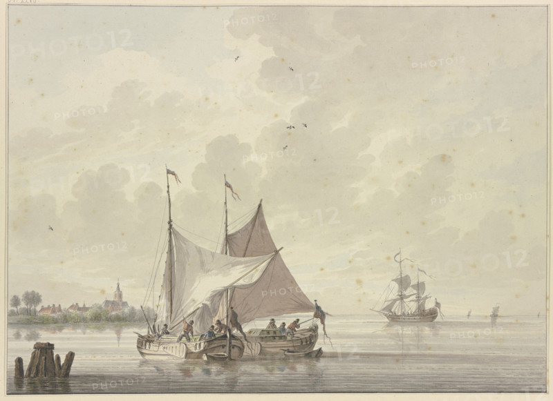 Two ships lie side by side, one is having its sail hoisted, four others in the..., 18th century. Creator: Nicolaas Wicart.