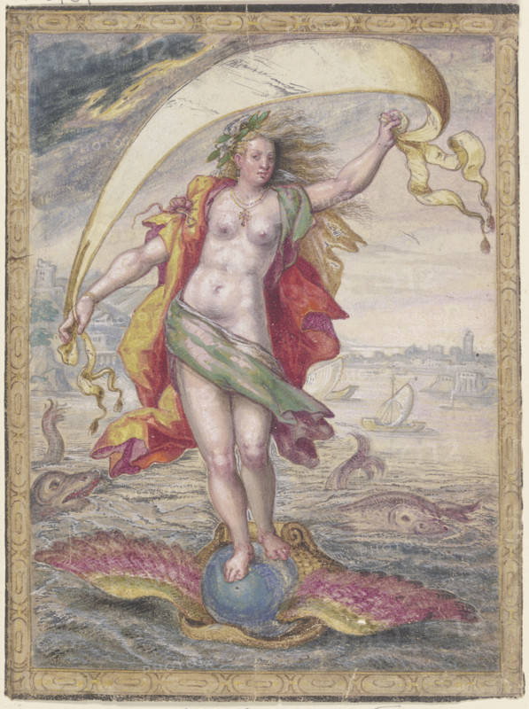 Floating Female figure on a winged sphere resting in a shell, (Kairos or Fortuna)., c17th century. Creator: Unknown.