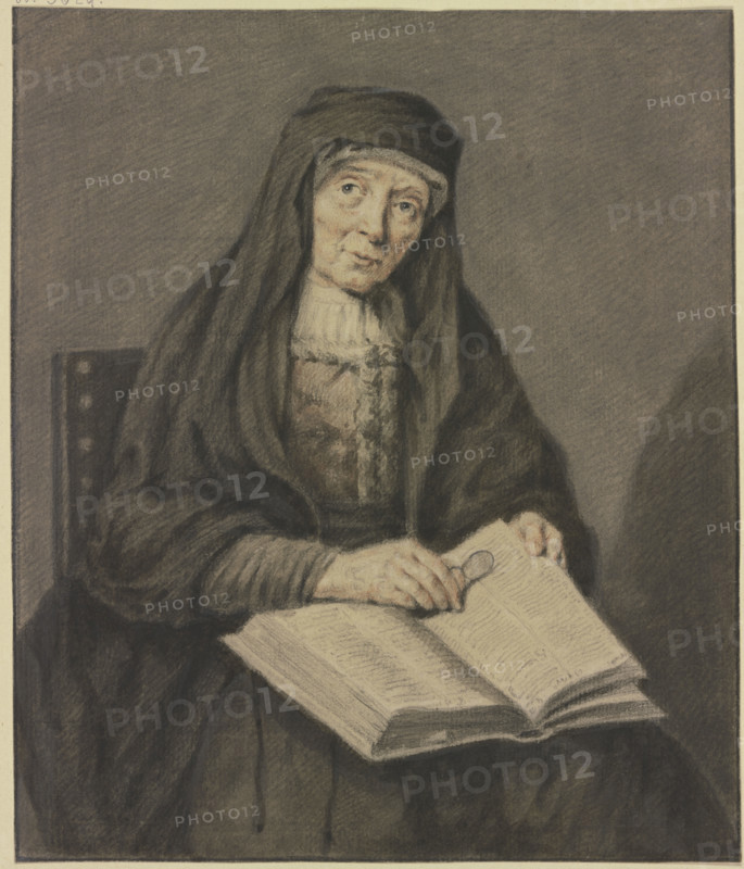 Old woman sitting reading a book, holding her glasses in her hand, half-length..., 17th-18th century Creator: Jean Pierre de Frey.