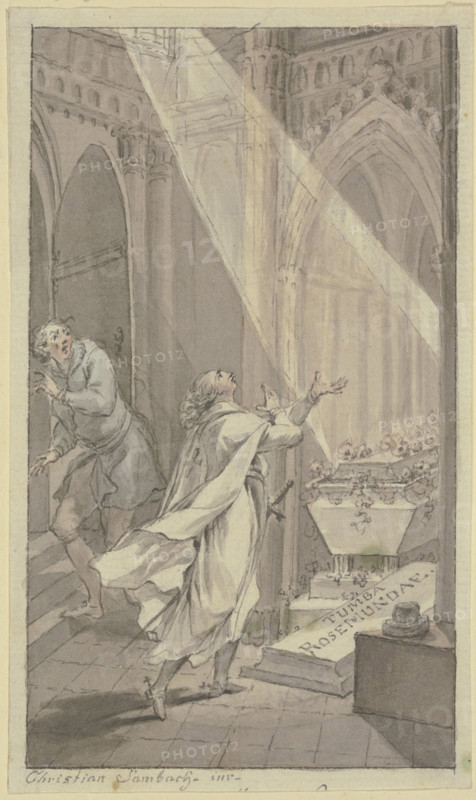 Two men in a medieval crypt next to a coffin, 18th century. Creator: Christian Sambach.