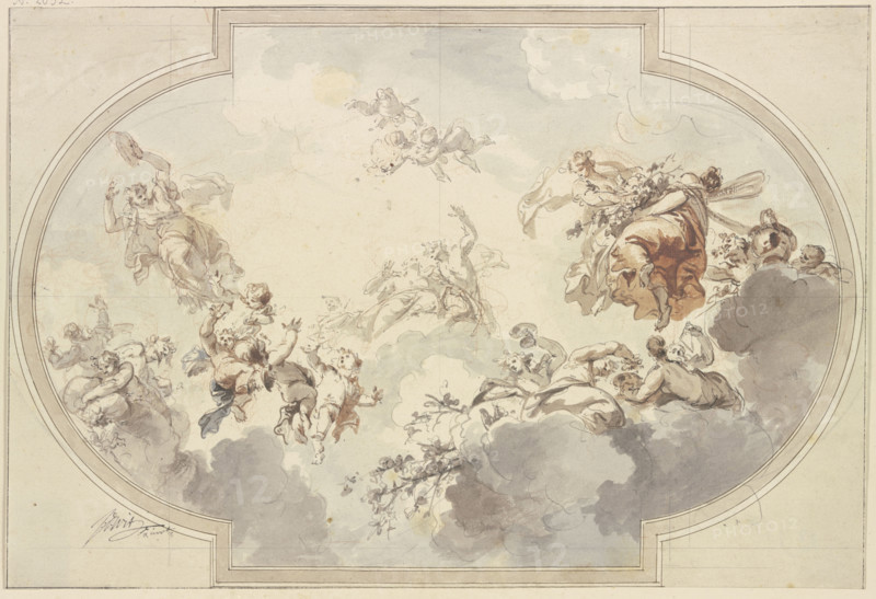 Many genii and Bacchantes float in clouds, early-mid 18th century. Creator: Jacob de Wit.