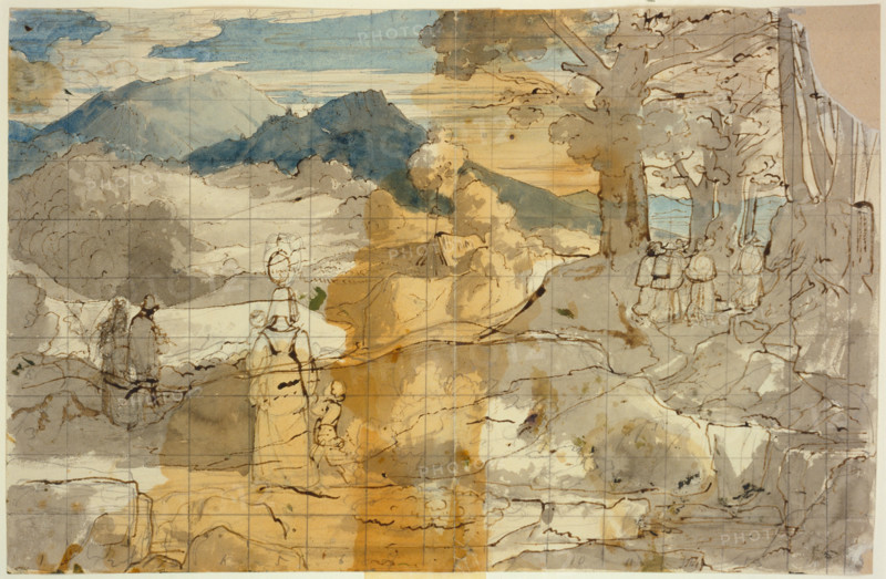 Landscape near Rocca Canterano with a woman with children, shepherds, and pilgrims, 1818. Creator: Carl Philipp Fohr.