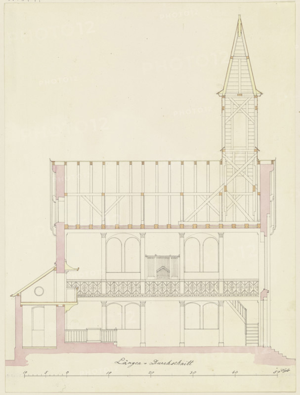 Longitudinal section through a church for the parish of Friedrichsdorf, 1825. Creator: Heinrich Hübsch.