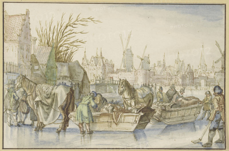 Winter landscape, in the foreground two horse-drawn sleighs, 16th century. Creator: Claes Jansz Visscher the Elder.