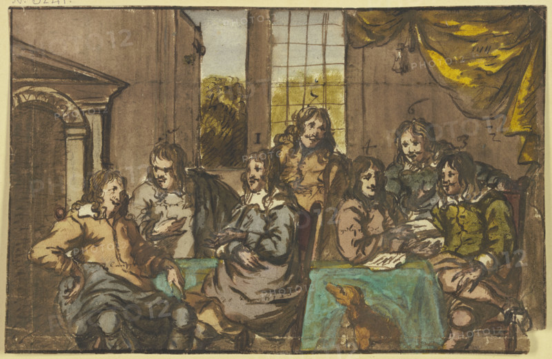 Seven gentlemen sitting in a room around a green table, occupied with papers, with a dog, 17th cent. Creator: Jan van Mieris.