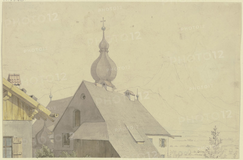 Tyrolean village church and the surrounding houses with a view of the Alps, 19th century. Creator: Karl Ballenberger.