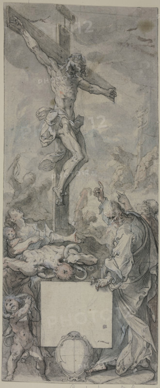 Typology of the Raising of the Brazen Serpent and the Crucifixion of Christ, 16th century. Creator: Abraham Bloemaert ?.
