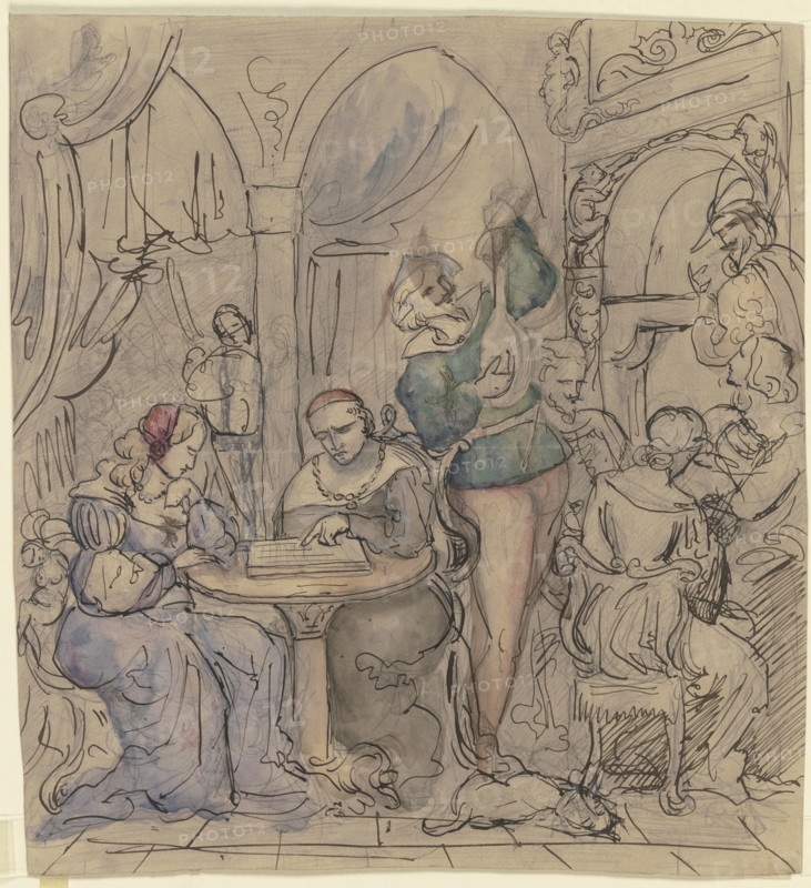 Lute player in historical costume, in elegant company, mid-19th century. Creator: Victor Muller.