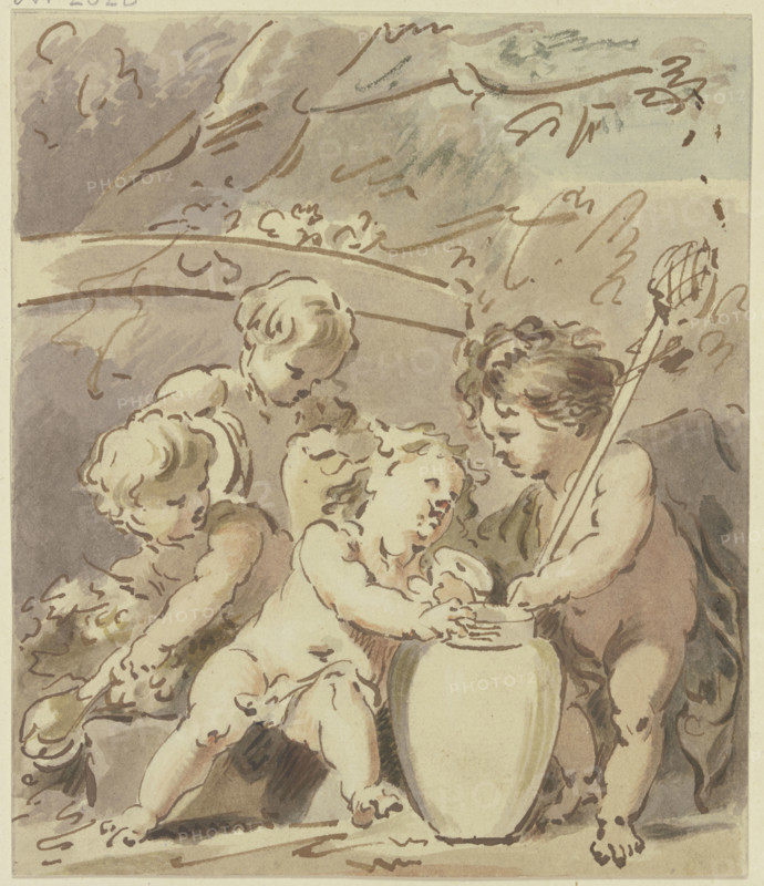 Four cupids by a vase, early-mid 18th century. Creator: Jacob de Wit.