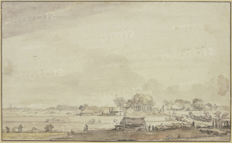 Landscape with scattered huts; people are harvesting on the left, 17th century. Creator: Ferdinand Bol.