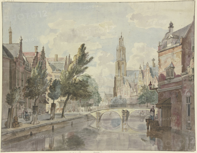 Stone bridge over a canal, a cathedral in the background, a lantern on the right by the...18th cent. Creator: Johannes Huibert Prins.