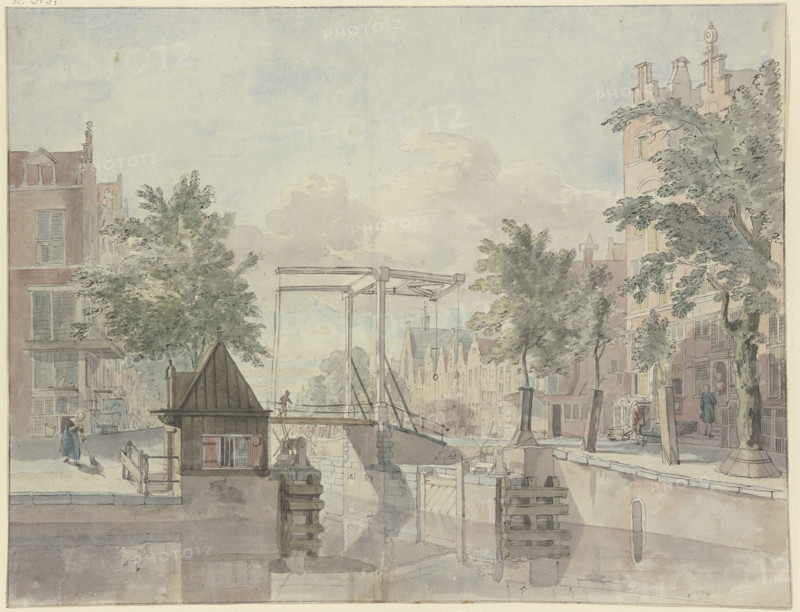 Canal with lock gate, a maid sweeps the street on the left, 18th century. Creator: Johannes Huibert Prins.