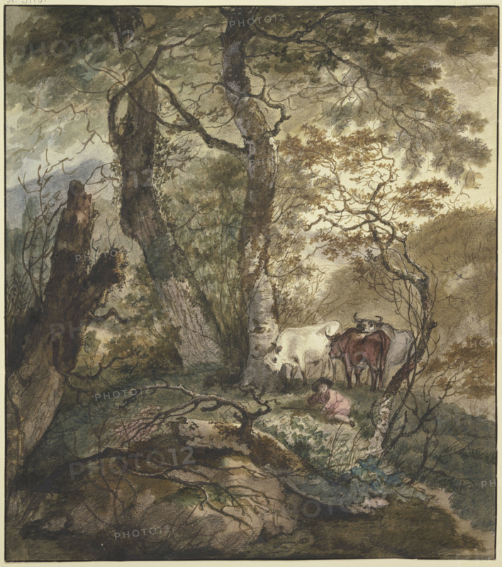 Three cows stand with a shepherd boy under a group of trees, 17th century; 18th century. Creator: Adam Pynacker.