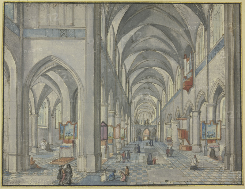 Interior of a Gothic church with many figures, 17th century. Creator: Hendrik van Steenwyck.