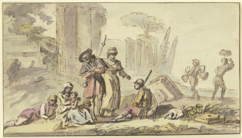 Pilgrims resting near ruins, 18th century. Creator: Jean-Baptiste Lallemand.