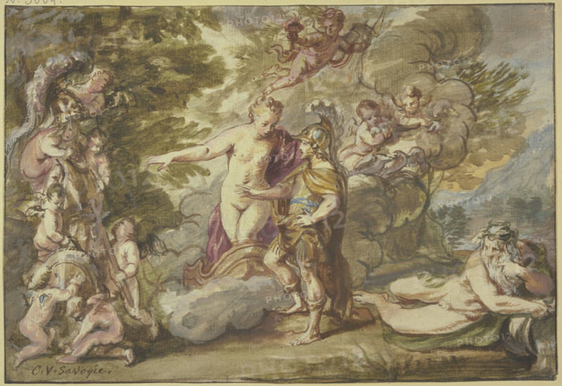 Venus presents Aeneas with weapons, 17th century. Creator: Carel van Savoy.
