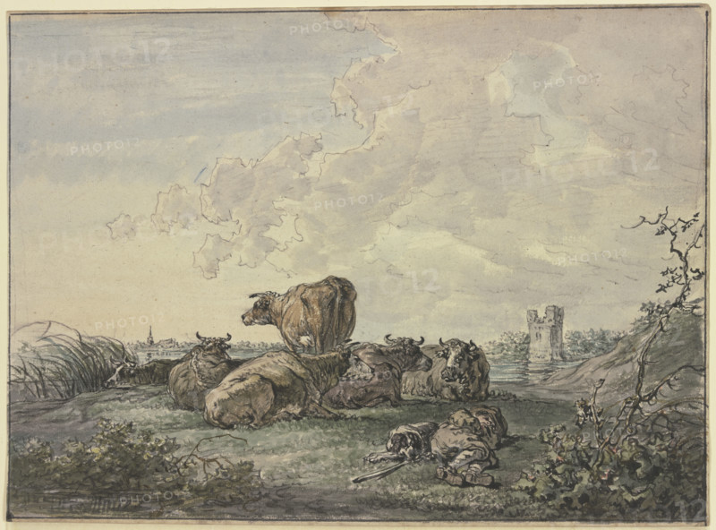 Sleeping shepherd and herd of cattle in a landscape, 18th century. Creator: Jacob van Strij.