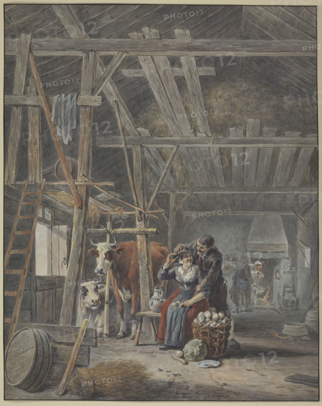 Farmer and wife with cows in the barn, 18th century. Creator: French, 18th century;.