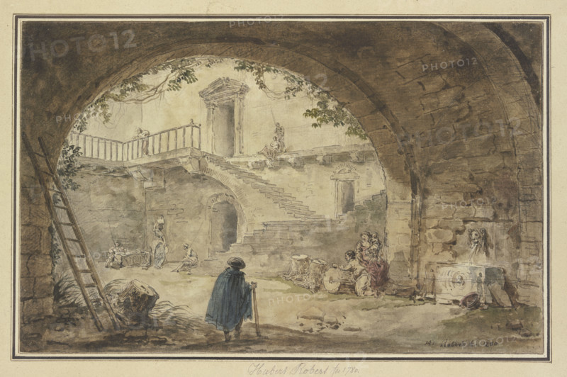 Vaulted ceiling with an antique fountain and a view of a staircase, 1780. Creator: Hubert Robert.
