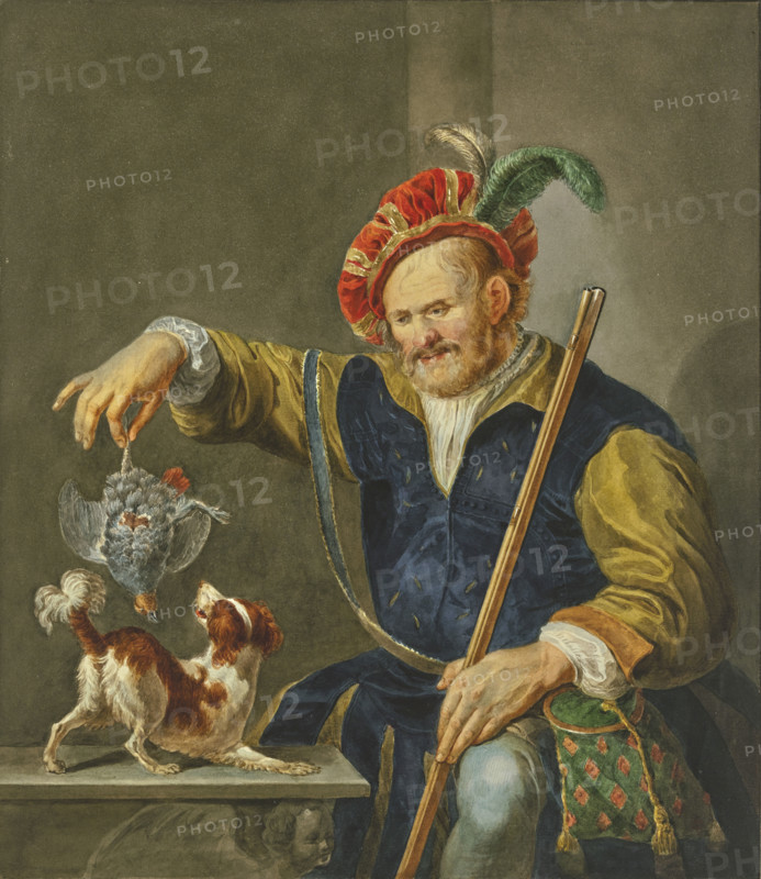 A hunter in rich attire, returning from the hunt, shows his dog a partridge, 18th century. Creator: R. Meurs Pruysenaar.