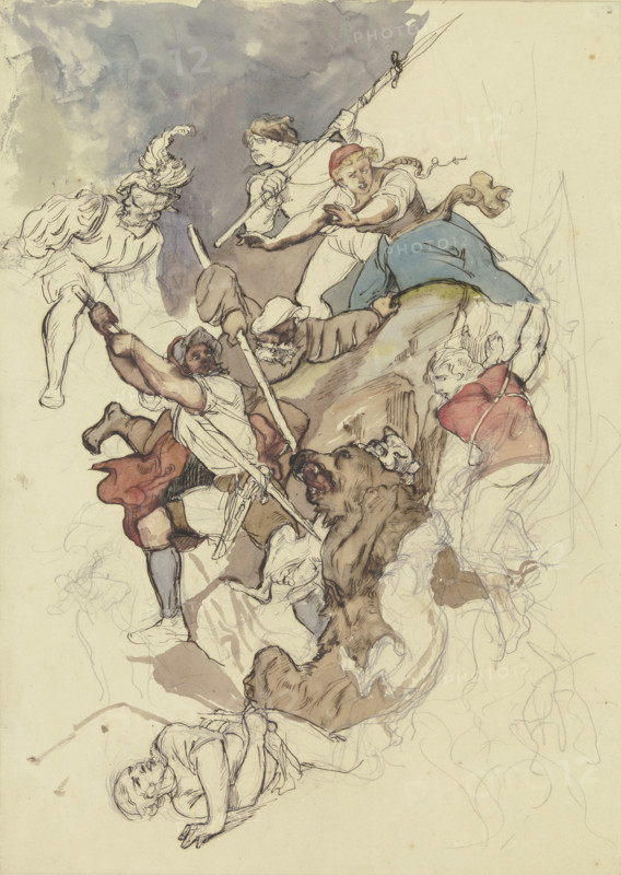 Bear hunt, mid-19th century. Creator: Rudolf Friedrich August Henneberg.