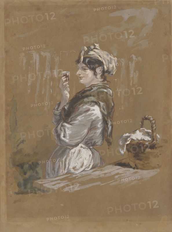 A woman leaning against a table with a small glass in her hand (washerwoman?). Creator: Paul Gavarni.