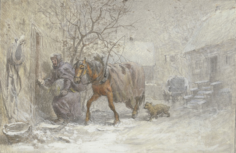 Manor house in winter, a horse being led into the stable by the coachman, 19th century. Creator: Heinrich Winter.