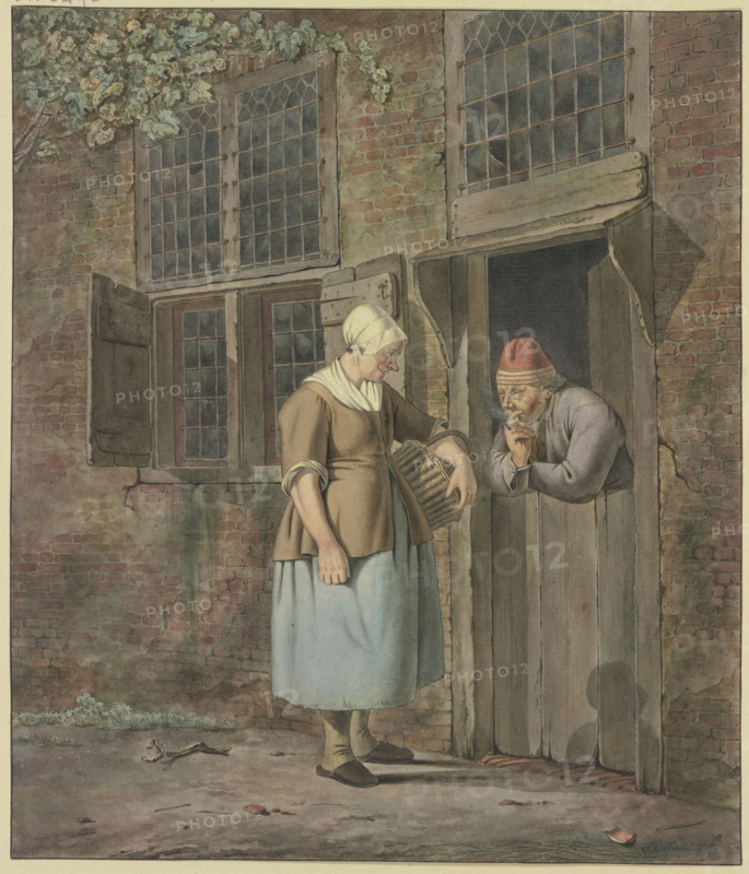 A man smoking at a front door speaks with a woman carrying a basket. Creator: Johannes Christiaan Janson.