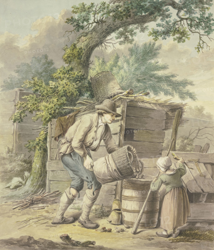 A farmer pours potatoes into a barrel, a child helps. Creator: Pieter Bartholomeusz. Barbiers.