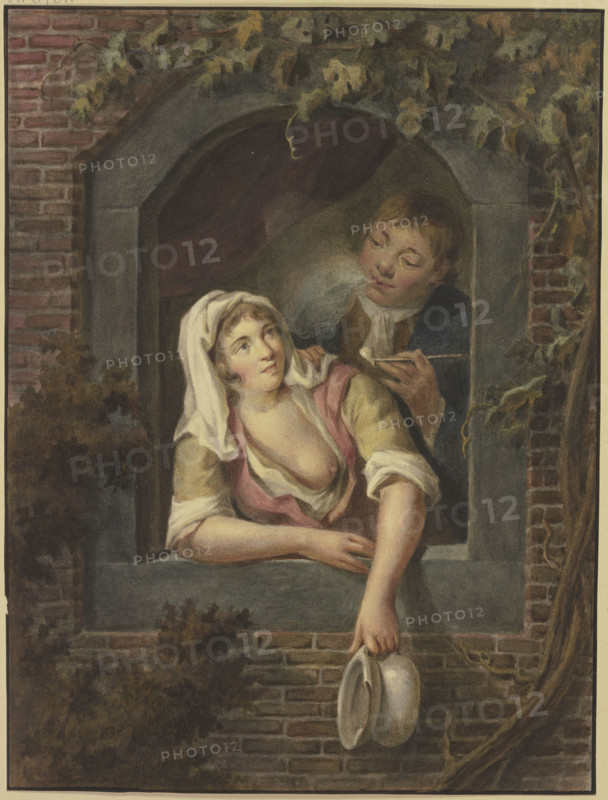 A woman with bare breasts empties a chamber pot out of a window, a young man smoking behind her.. Creator: Lambert Antoine Claessens.